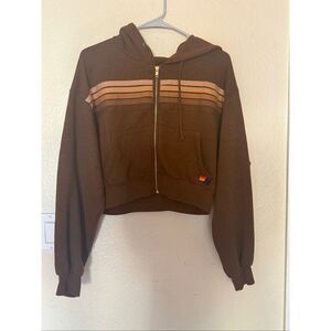 Aviator Nation 5 Stripe Full Zip Cropped Hoodie – Chocolate/Espresso- NWT- SIZE: